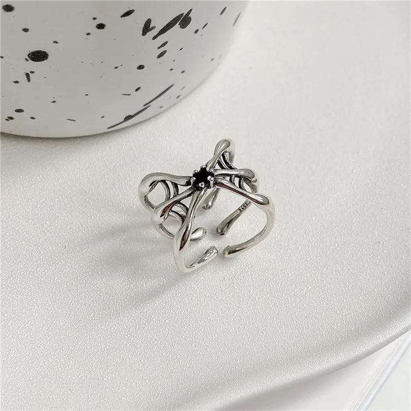 S925 Sterling Silver Spider Web Black Zirconium Ring