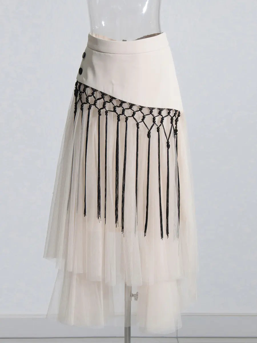 Retro Mid-High Waist Embroidery Mesh Stitch Skirt