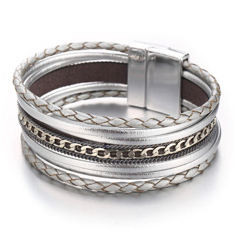 Leather Bracelet, Copper Tube Bangle, Magnetic Clasp