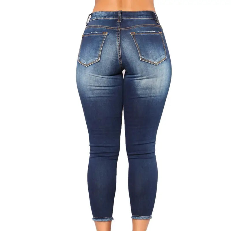Blue Ripped Skinny Jeans with Distressed Raw Hem