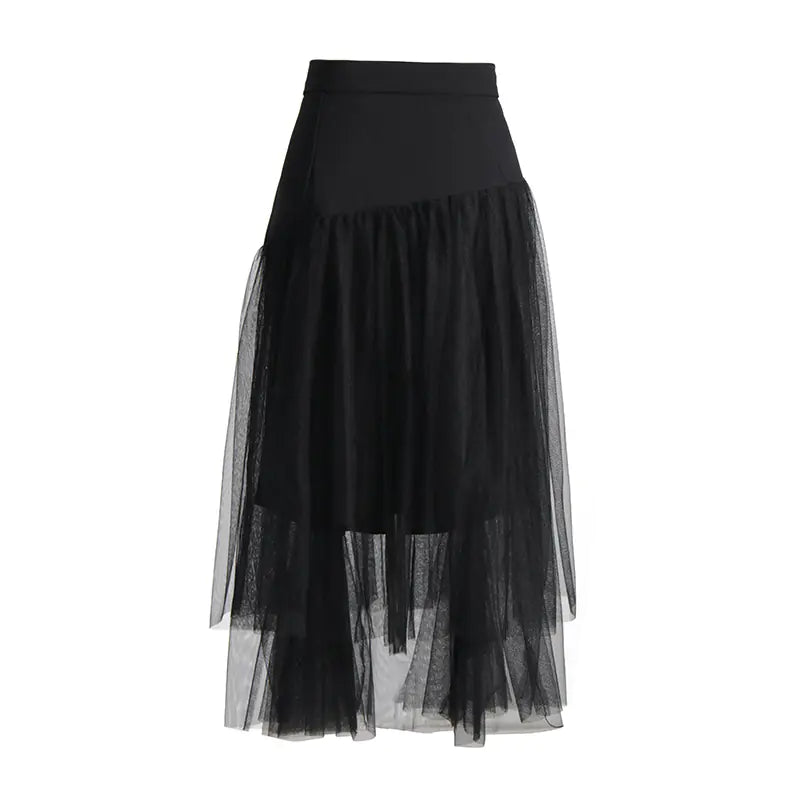 Retro Mid-High Waist Embroidery Mesh Stitch Skirt