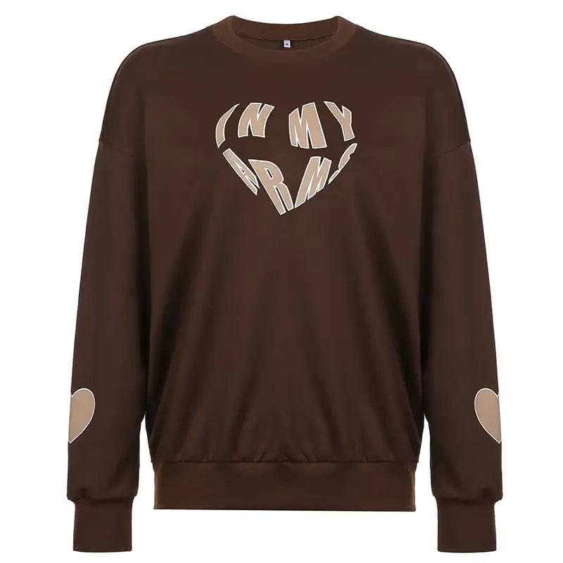 Loose Brown Crewneck Sweater with Love Print for Women