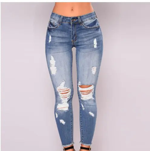 Blue Ripped Skinny Jeans with Distressed Raw Hem