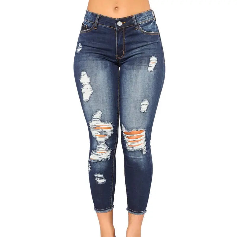 Blue Ripped Skinny Jeans with Distressed Raw Hem