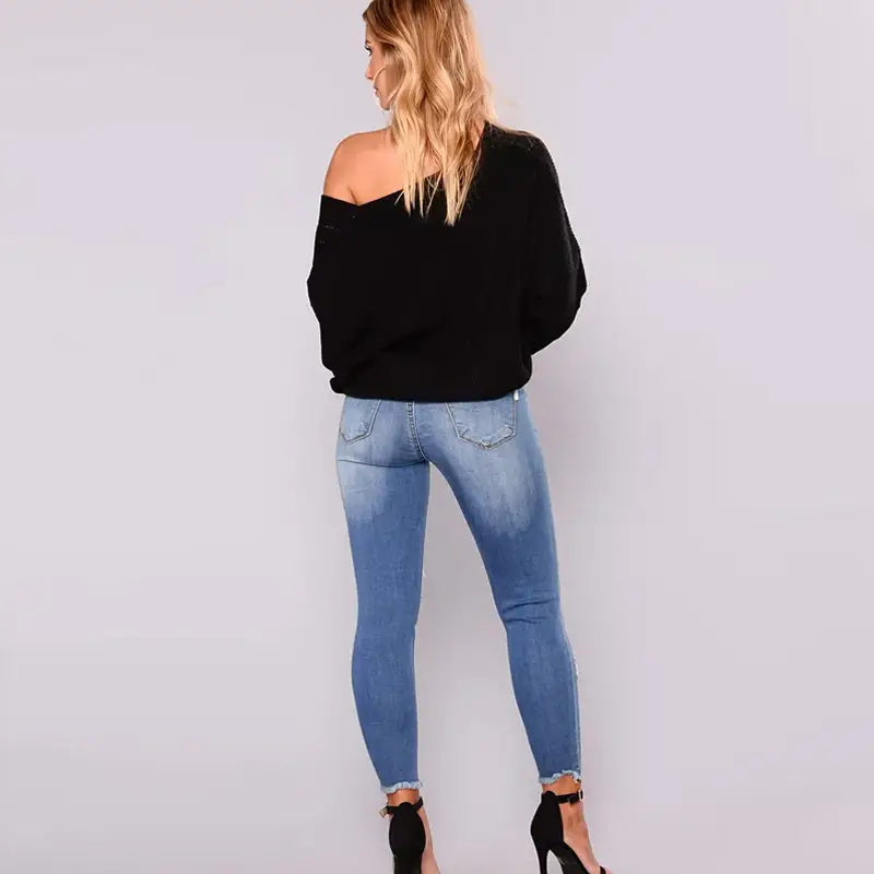 Blue Ripped Skinny Jeans with Distressed Raw Hem