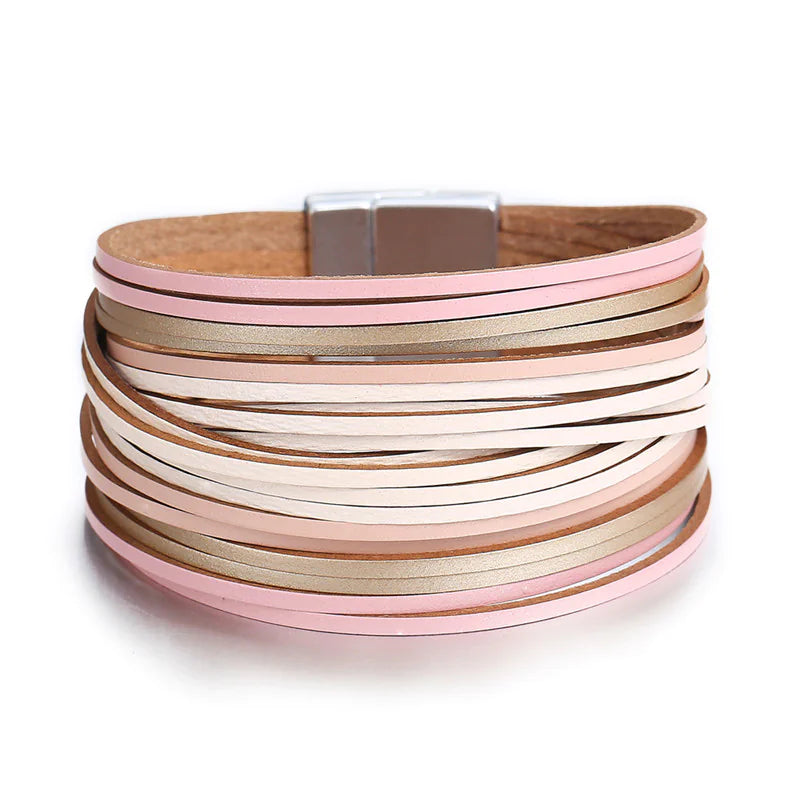 Leather Bracelet, Copper Tube Bangle, Magnetic Clasp