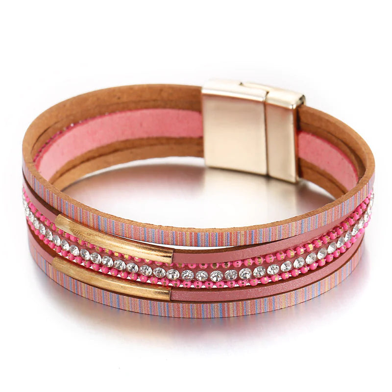 Leather Bracelet, Copper Tube Bangle, Magnetic Clasp