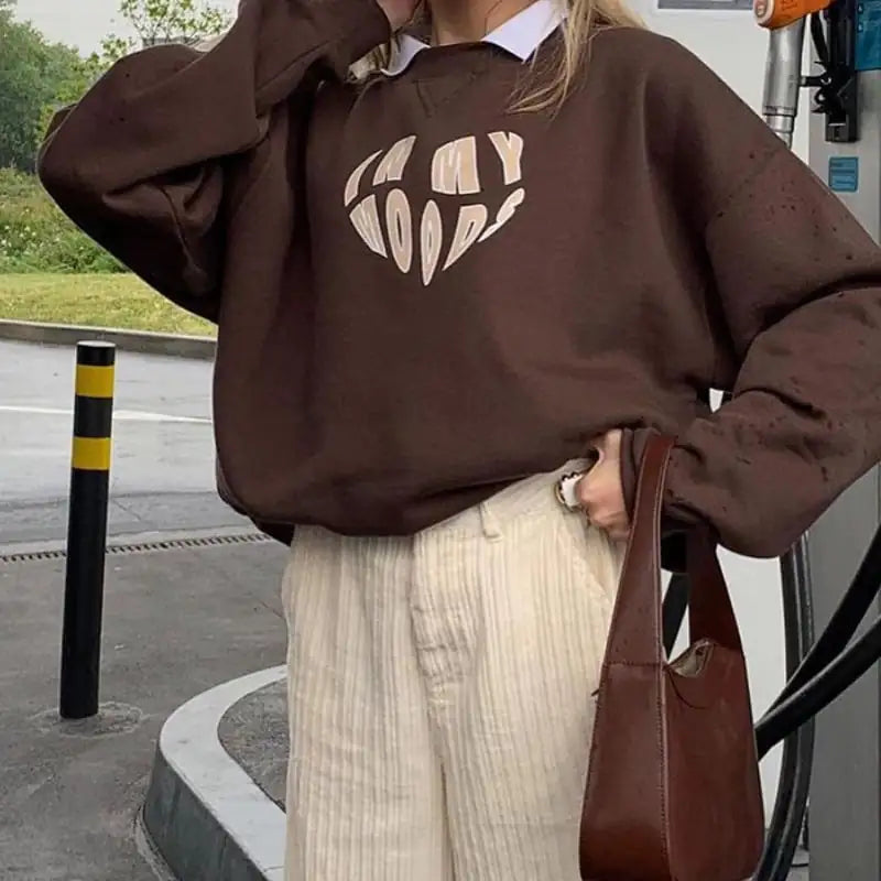 Loose Brown Crewneck Sweater with Love Print for Women