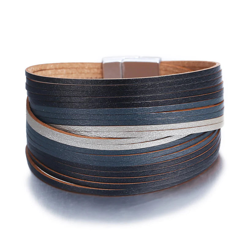 Leather Bracelet, Copper Tube Bangle, Magnetic Clasp