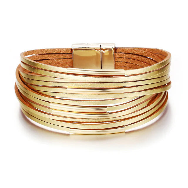Leather Bracelet, Copper Tube Bangle, Magnetic Clasp