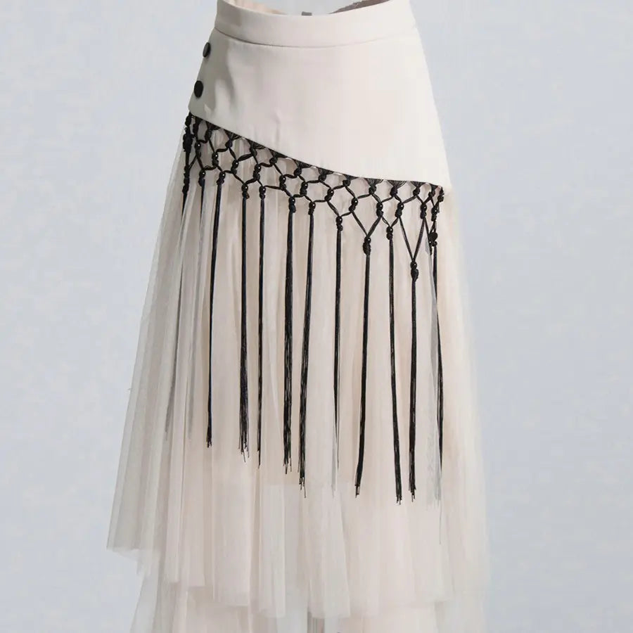 Retro Mid-High Waist Embroidery Mesh Stitch Skirt