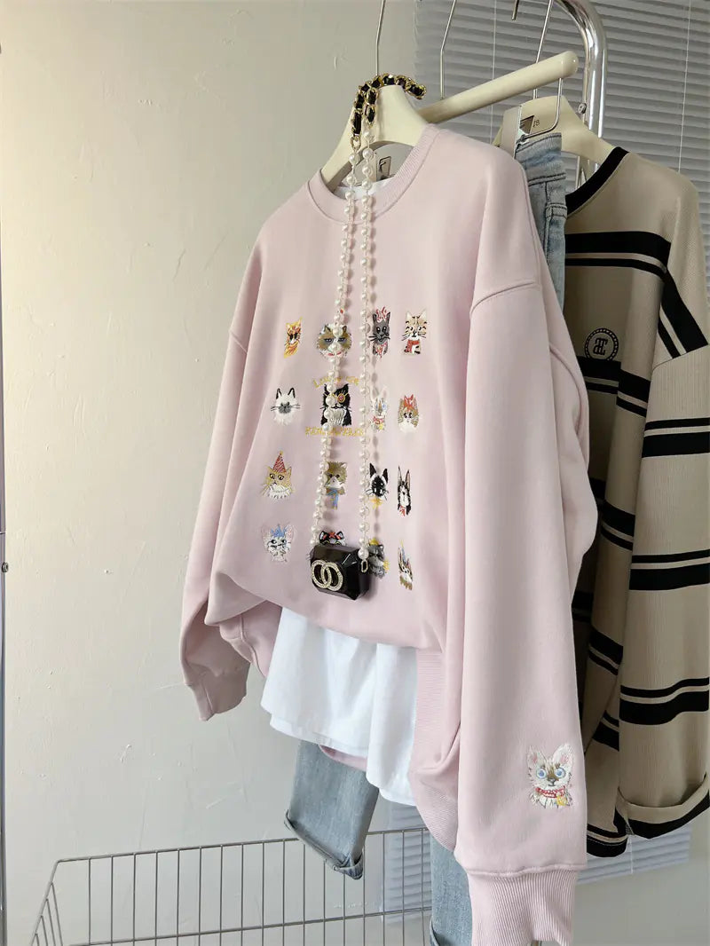 Printed Kitten Embroidery Women's Street Fashion Sweater