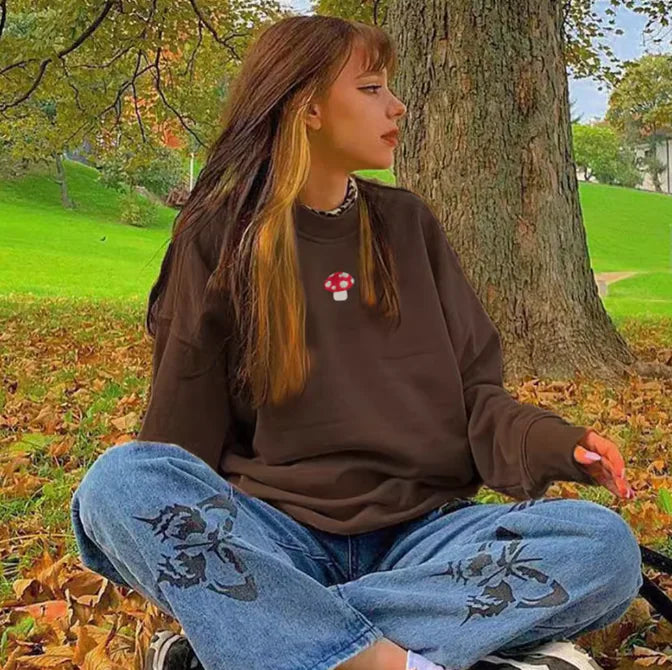 Loose Brown Crewneck Sweater with Love Print for Women