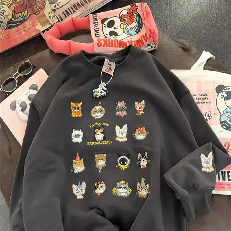 Printed Kitten Embroidery Women's Street Fashion Sweater