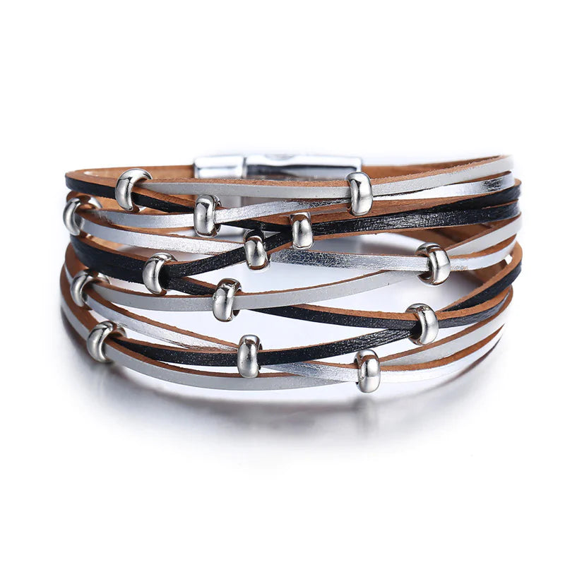 Leather Bracelet, Copper Tube Bangle, Magnetic Clasp