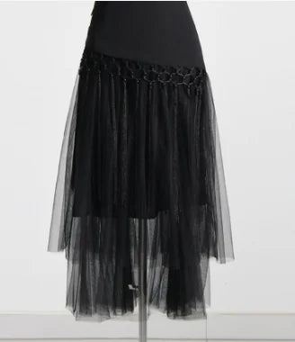 Retro Mid-High Waist Embroidery Mesh Stitch Skirt
