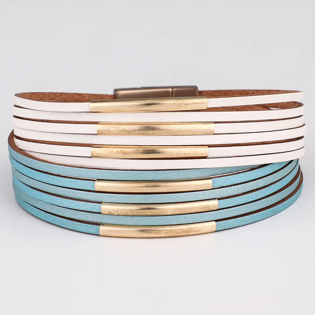 Leather Bracelet, Copper Tube Bangle, Magnetic Clasp