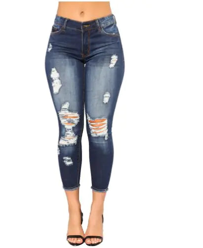 Blue Ripped Skinny Jeans with Distressed Raw Hem