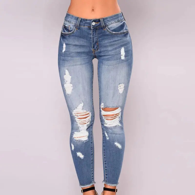 Blue Ripped Skinny Jeans with Distressed Raw Hem