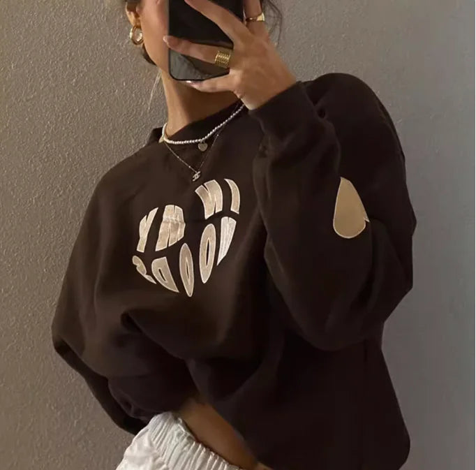 Loose Brown Crewneck Sweater with Love Print for Women